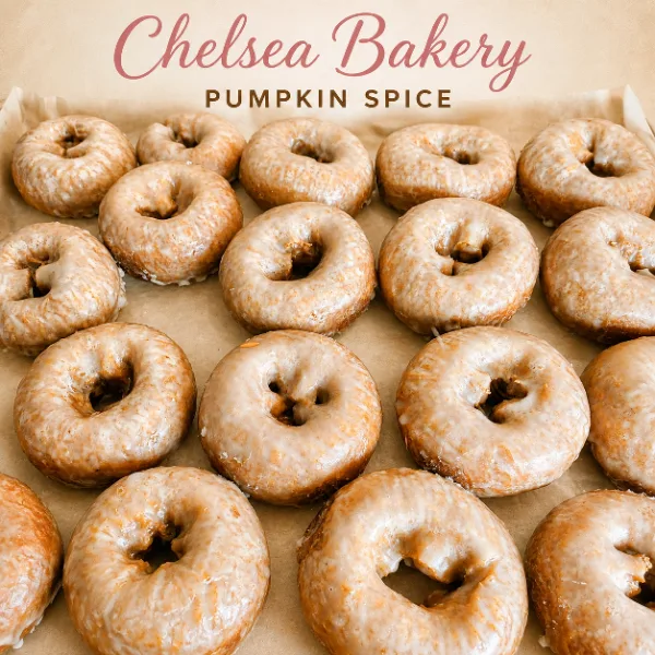 Chelsea Bakery pumpkin spice glazed donuts arranged fresh on a bakery tray